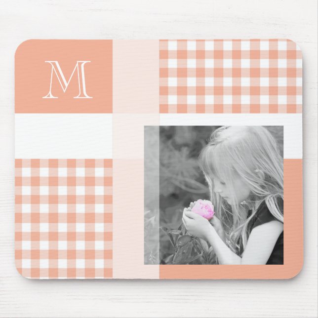 Orange Add Your Foto Gingham Modern Monogram Mousepad (Vorne)