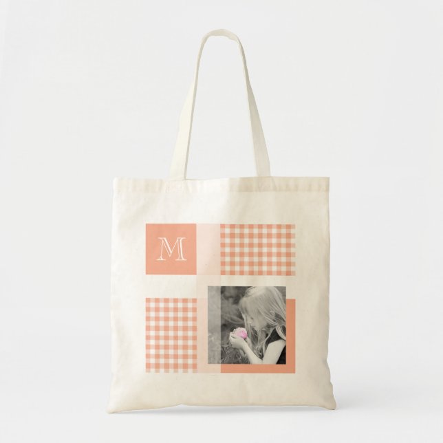 Orange Add Your Foto Gingham Modern Monogram Tragetasche (Vorne)