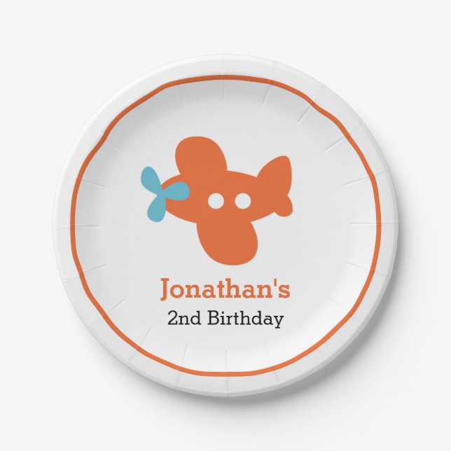 Orange Airplane Boy Geburtstag Personalisiert Pappteller (Vorderseite)