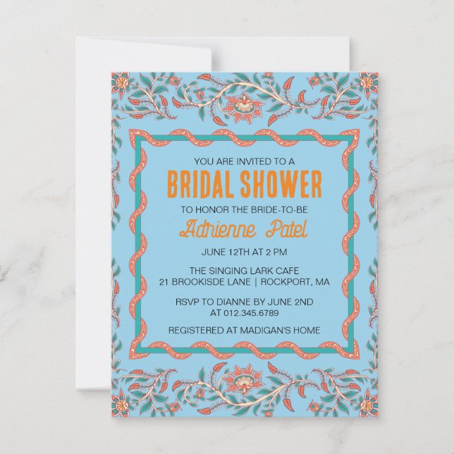 Orange and Aqua Blue Floral Brautparty Invitati Einladung (Vorderseite)