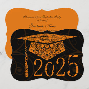 Orange and Black Floral Cap 2025 Graduation Party Einladung