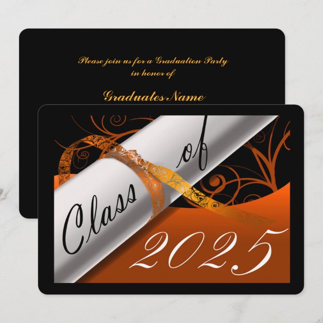 Orange and Black Graduation Party Einladung (Vorne/Hinten)