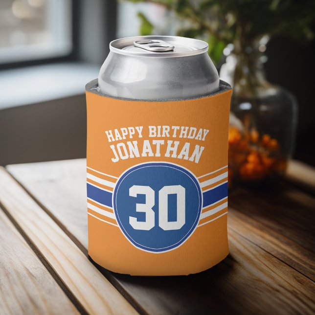 Orange and Blue Birthday Sports Theme Dosenkühler (Personalized Can Cooler - add a name and custom text to this sports jersey design)