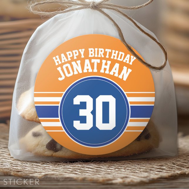 Orange and Blue Birthday Sports Theme Runder Aufkleber (Custom Sticker)