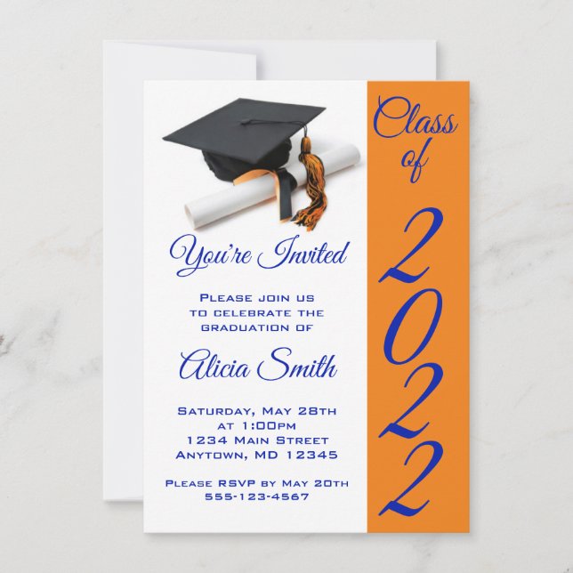 Orange and Blue Graduation Cap and Tassel Einladung (Vorderseite)