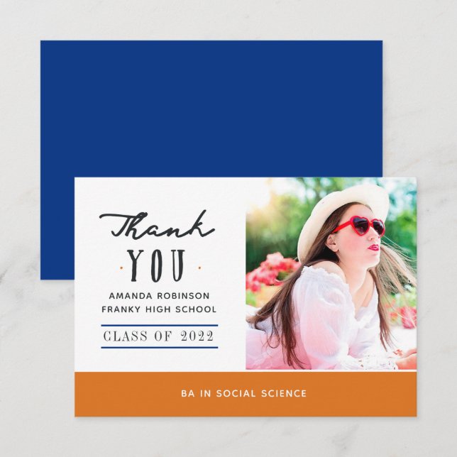 Orange and Blue Graduation Photo Thank You Card Dankeskarte (Vorne/Hinten)