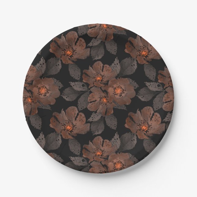 Orange and brown flowers on a black background. pappteller (Vorderseite)