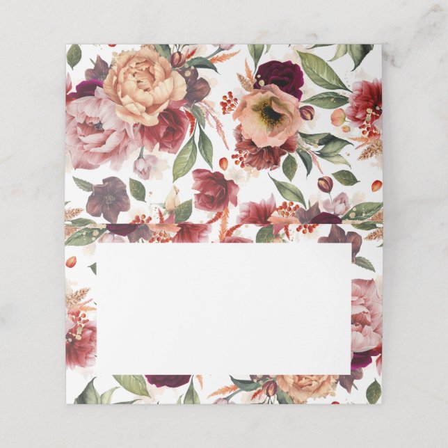 Orange and Burgundy Red Fall Blume Hochzeit Platzkarte (Außenseite Aufgefaltet)