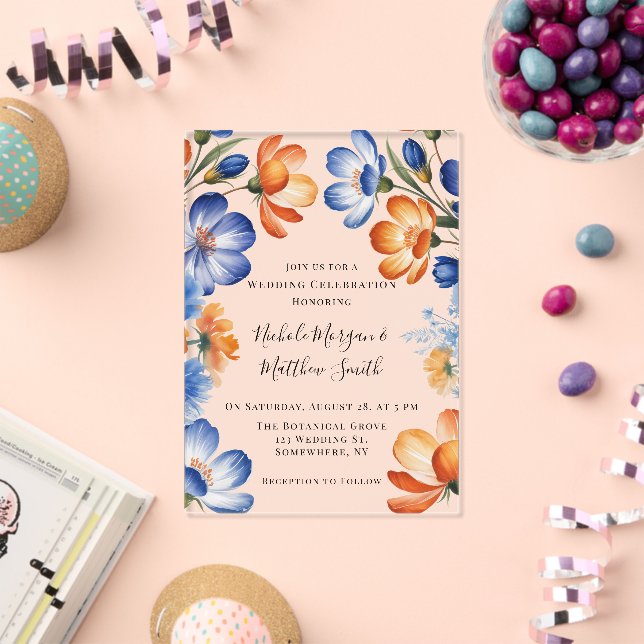 Orange and Cobalt Blue Floral Wedding Celebration Acryleinladungen (Insitu (Feier))