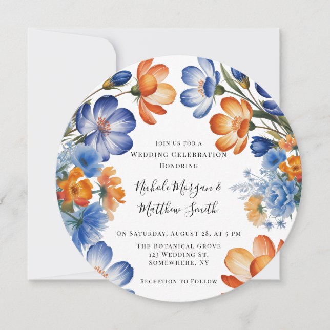 Orange and Cobalt Blue Floral Wedding Celebration Einladung (Vorderseite)