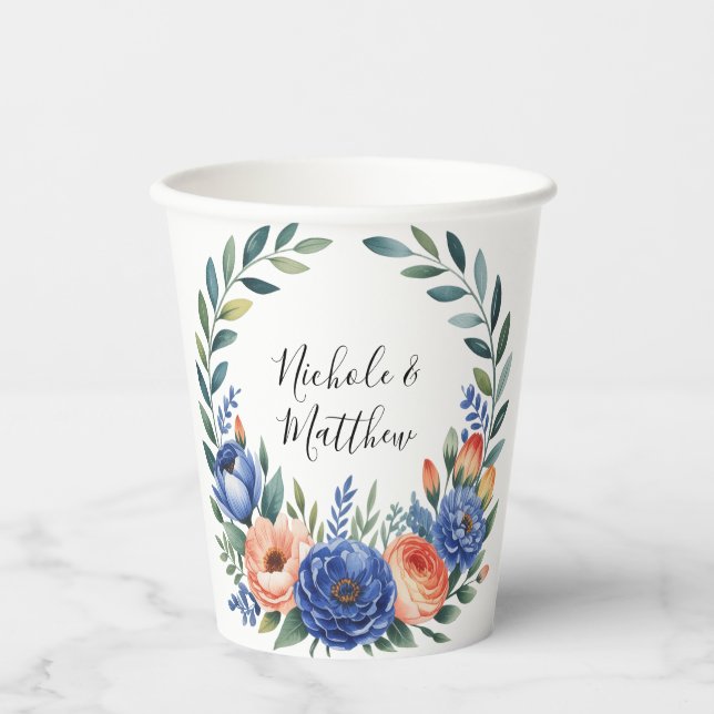 Orange and Cobalt Blue Floral Wedding Pappbecher (Vorderseite)