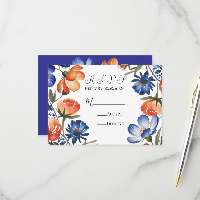 Orange and Cobalt Blue Floral Wedding RSVP Karte (Vorderseite/Rückseite Beispiel)