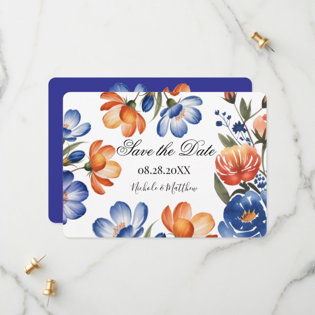 Orange and Cobalt Blue Floral Wedding Save The Date (Vorderseite/Rückseite Beispiel)