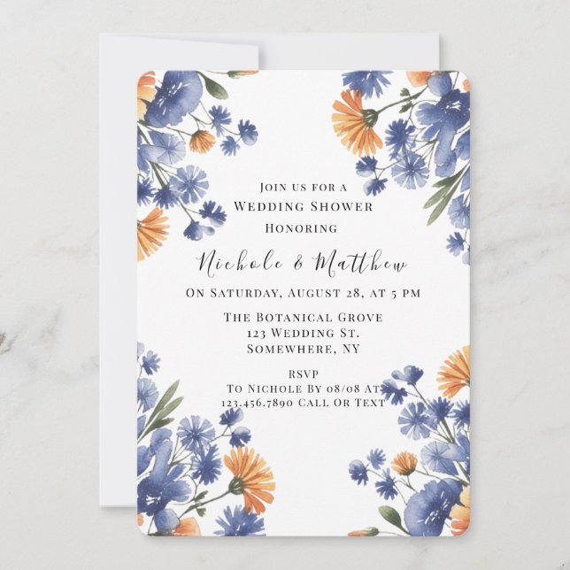 Orange and Cobalt Blue Floral Wedding Shower Einladung (Vorderseite)