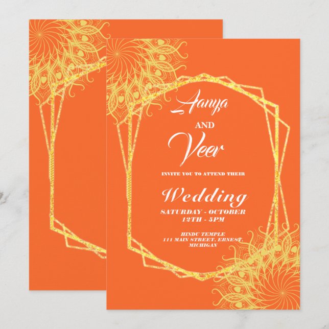 Orange and Gold Peacock Indian Wedding Einladung (Vorne/Hinten)