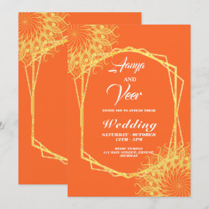 Orange and Gold Peacock Indian Wedding Einladung