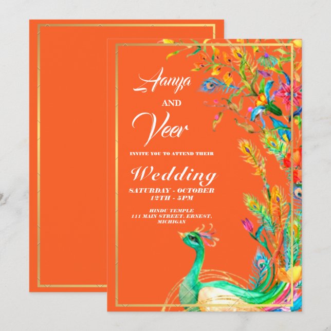 Orange and Gold Peacock Indian Wedding Einladung (Vorne/Hinten)