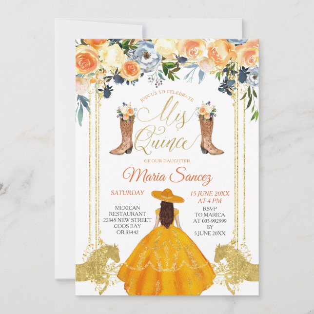 Orange and Gold Western Charra Mis Quince Invitati Einladung (Vorderseite)