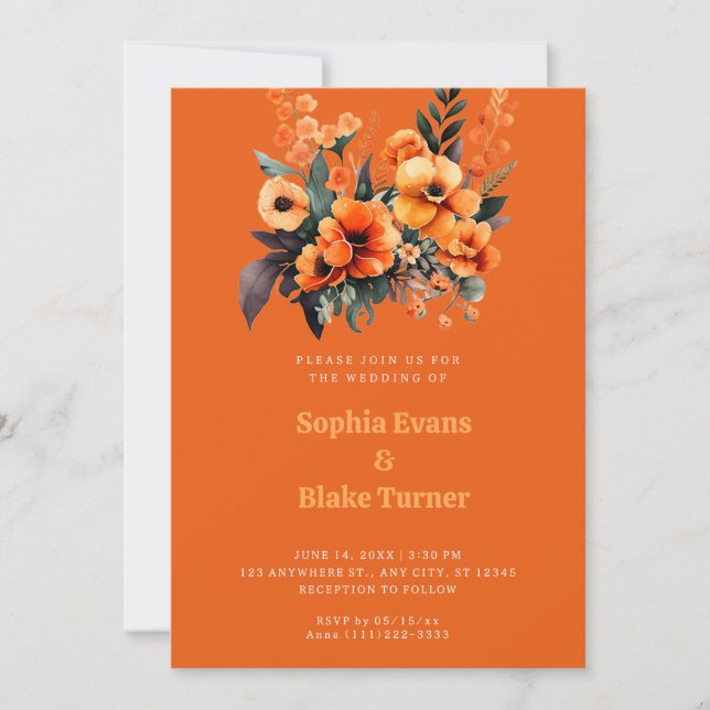 Orange and Green Floral Bouquet Orange Wedding Einladung (Vorderseite)