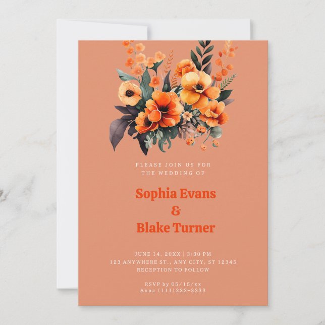 Orange and Green Floral Bouquet Orange Wedding Einladung (Vorderseite)