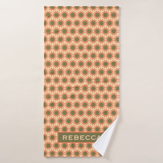 Orange and Green Retro Flower Pattern Personalised Badehandtuch (Badehandtuch)