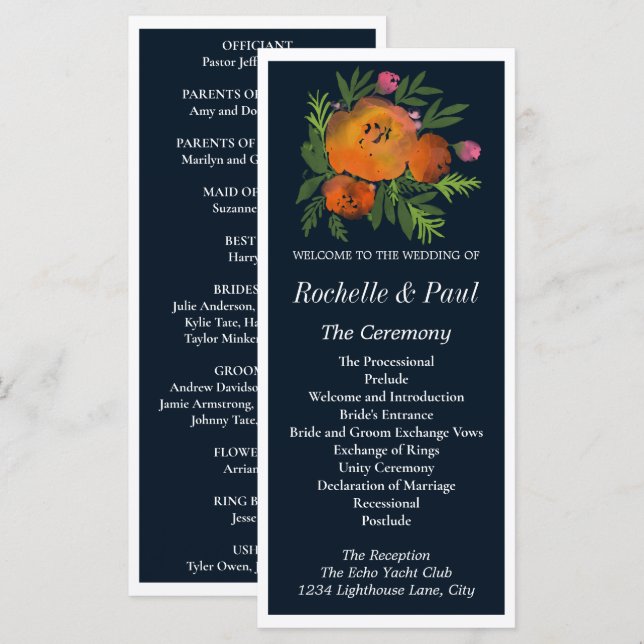 Orange and Navy Floral Modern Bold Wedding Program (Vorne/Hinten)