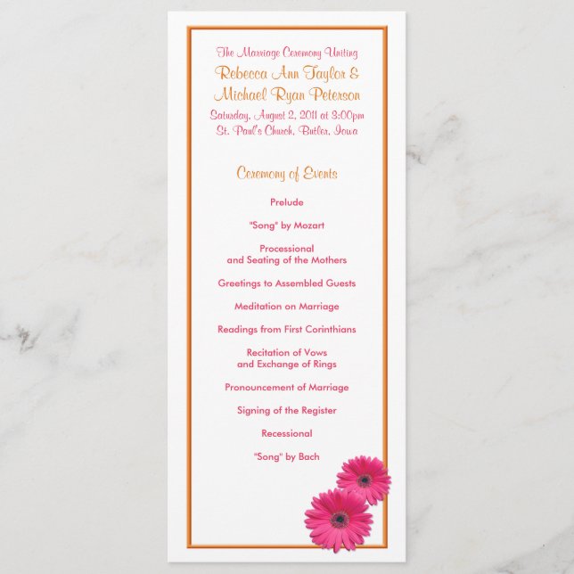 Orange and Pink Gerbera Daisy Wedding Program Programm (Vorderseite)