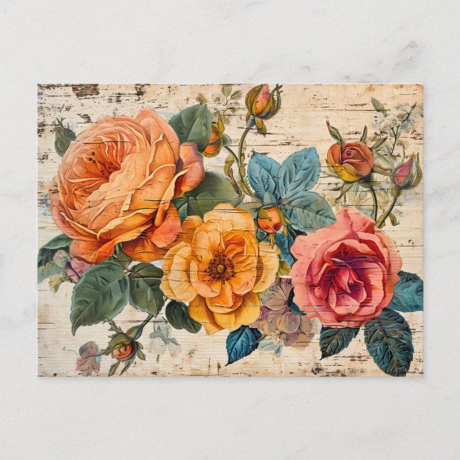 Orange and Pink Roses on Rustic Wood Postkarte (Vorderseite)