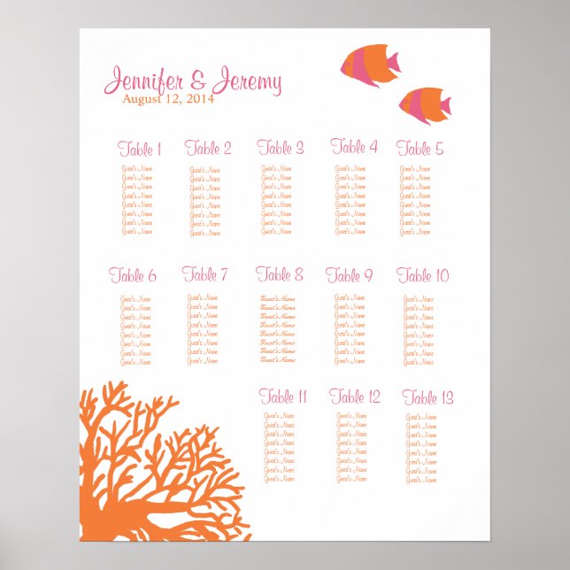 Orange and Pink Tropical Fish Seating Chart Poster (Vorne)