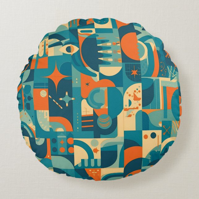 Orange and Teal Geometric Abstract Rundes Kissen (Vorderseite)
