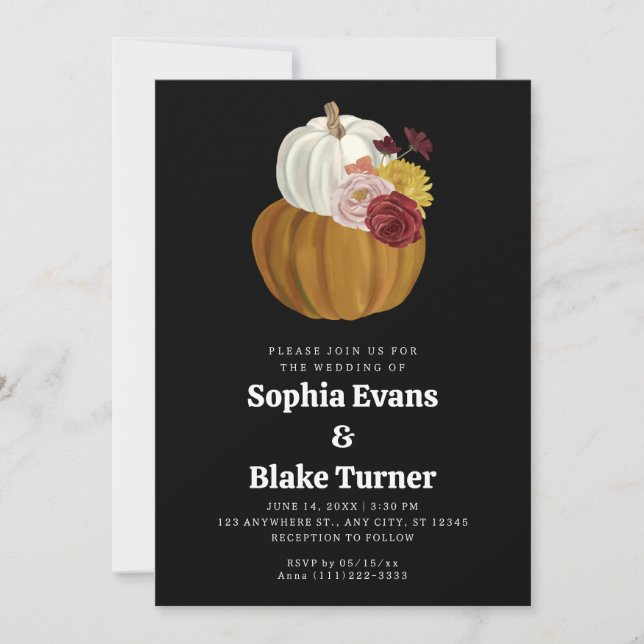 Orange and White Fall Pumpkin Black Wedding Einladung (Vorderseite)