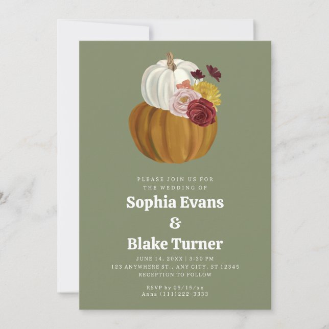 Orange and White Fall Pumpkin Green Wedding Einladung (Vorderseite)