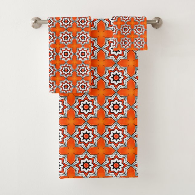 Orange and white geometric mandala pattern Towel (En situation)