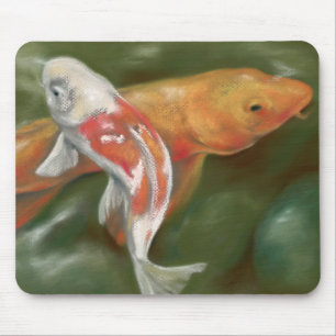 Orange and White Koi with Mossy Stones Pastel Art Mousepad