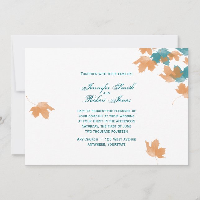 Orange Aqua Herbst Ahornblättriger Hochzeitsempfan Einladung (Vorderseite)