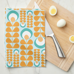 Orange, Aqua, Teal Mid-Mod-Blumenmuster Geschirrtuch