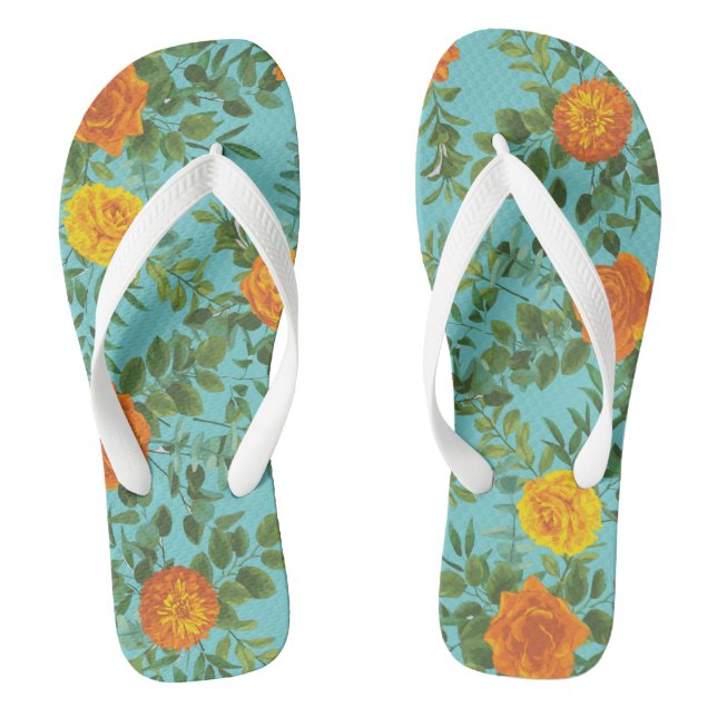 Orange & Aqua Wedding Modern Floral Flip Flops (Fußbett)