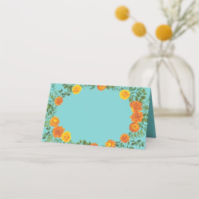 Orange & Aqua Wedding Modern Floral Platzkarte (Vorderseite)