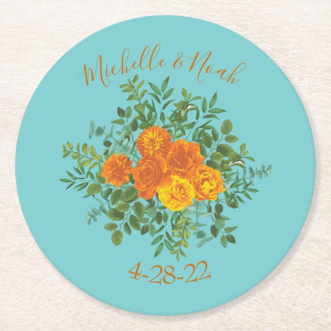 Orange & Aqua Wedding Modern Floral Runder Pappuntersetzer (Vorderseite)