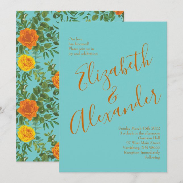 Orange & Aquamarin Aqua Peony & Rose Blumenzehen Einladung (Vorne/Hinten)