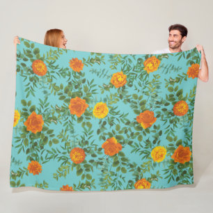 Orange & Aquamarin Aqua Peony & Rose Blumenzehen Fleecedecke