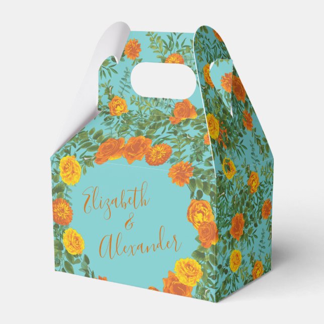 Orange & Aquamarin Aqua Peony & Rose Blumenzehen Geschenkschachtel (Vorderseite)