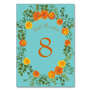 Orange & Aquamarin Aqua Peony & Rose Blumenzehen Tischnummer