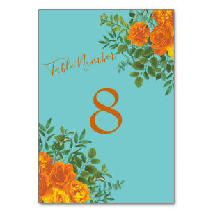 Orange & Aquamarin Aqua Peony & Rose Blumenzehen Tischnummer