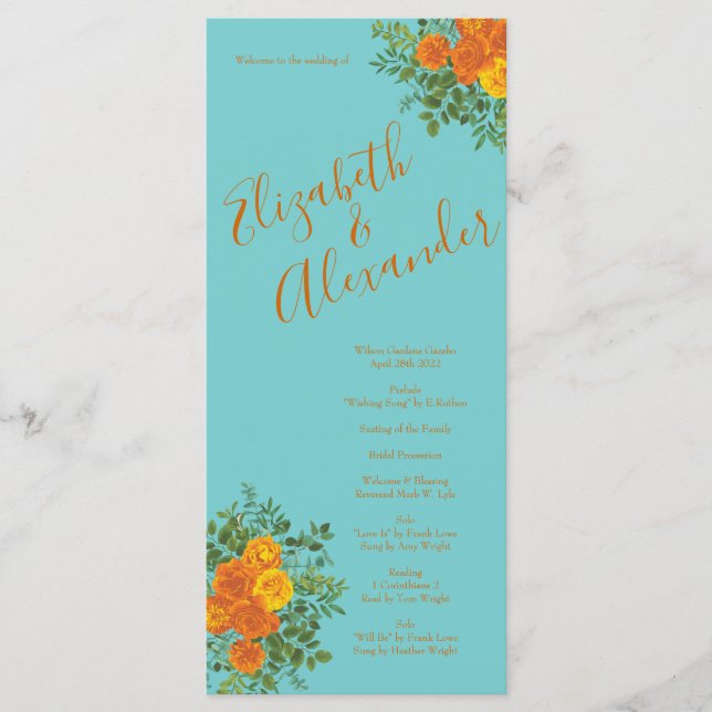 Orange Aquamarin Aqua Peony Rose Hochzeitsprogramm Menükarte (Vorderseite)
