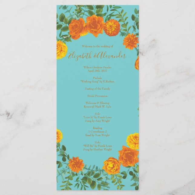 Orange Aquamarin Aqua Peony Rose Hochzeitsprogramm Menükarte (Vorderseite)