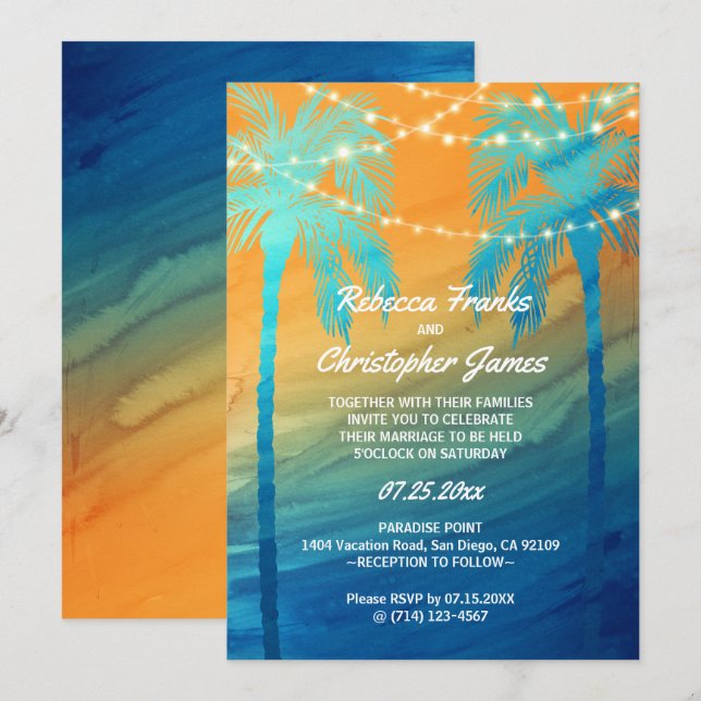 Orange Aquamarin Blue Tropical Wedding Einladungen (Vorne/Hinten)