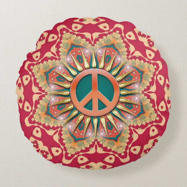 Orange Aquamarin Energy Peace Mandala Round Cushio Rundes Kissen (Vorderseite)