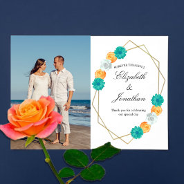 Orange Aquamarin Floral Geometric Wedding Dankeskarte