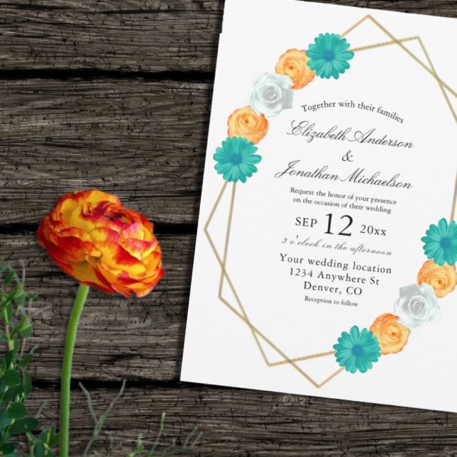 Orange Aquamarin Floral Geometric Wedding Einladung (Von Creator hochgeladen)